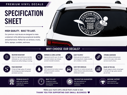 Custom Mobile Notary Public Vinyl Decal, Personalized Car Window Sticker with QR Code, Multiple Colors Available