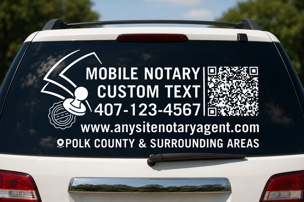Custom Mobile Notary Vinyl Decal with QR Code and Phone Number, Car Window Sticker, Multiple Colors Available