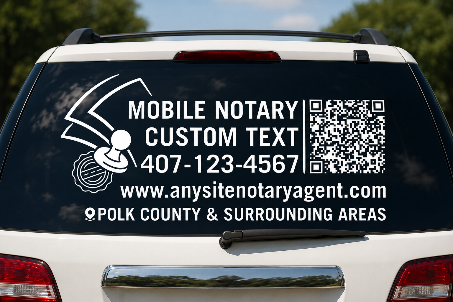Custom Mobile Notary Vinyl Decal with QR Code and Phone Number, Car Window Sticker, Multiple Colors Available