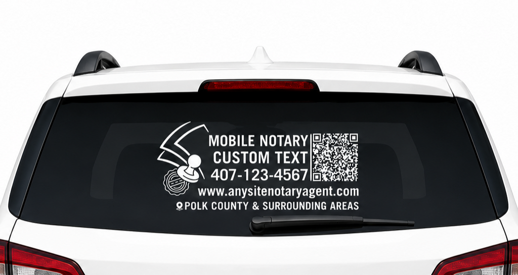 Custom Mobile Notary Vinyl Decal with QR Code and Phone Number, Car Window Sticker, Multiple Colors Available