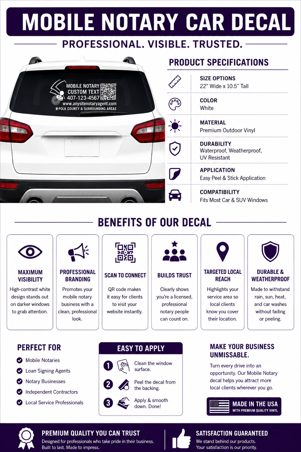 Custom Mobile Notary Vinyl Decal with QR Code and Phone Number, Car Window Sticker, Multiple Colors Available