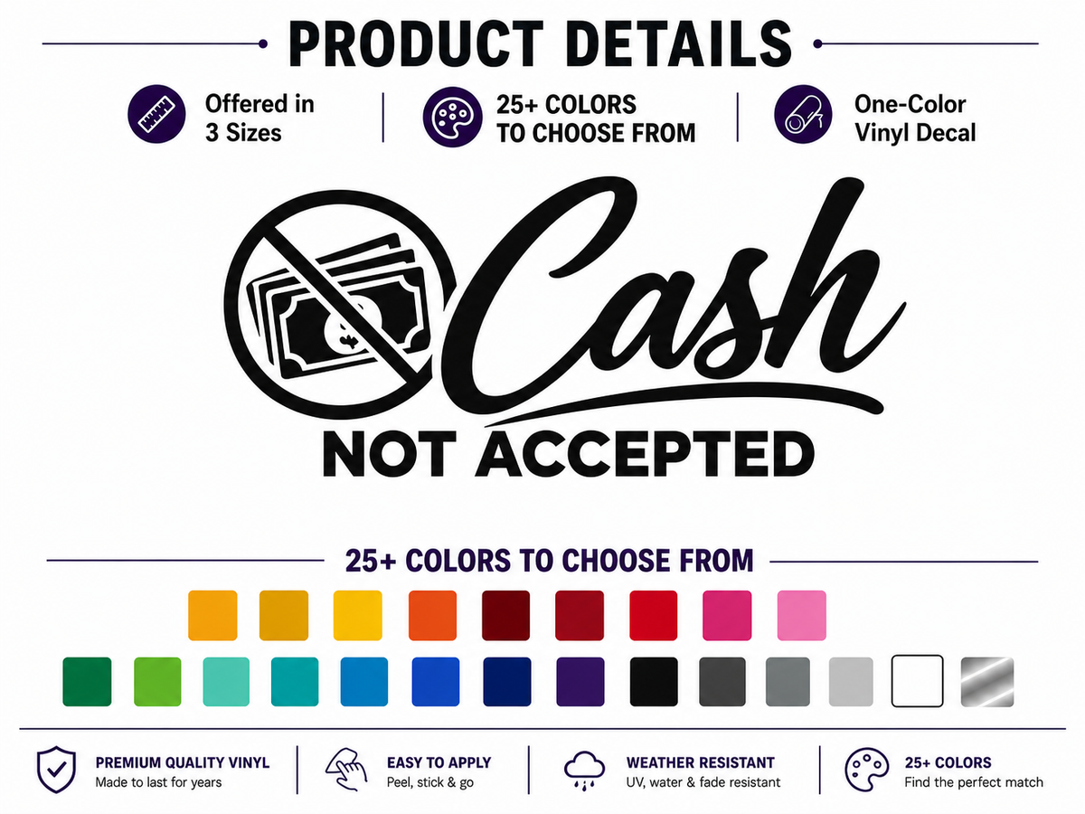 No Cash Accepted Sign - Durable Vinyl Decal for Your Business Door or Window - Random Little Finds