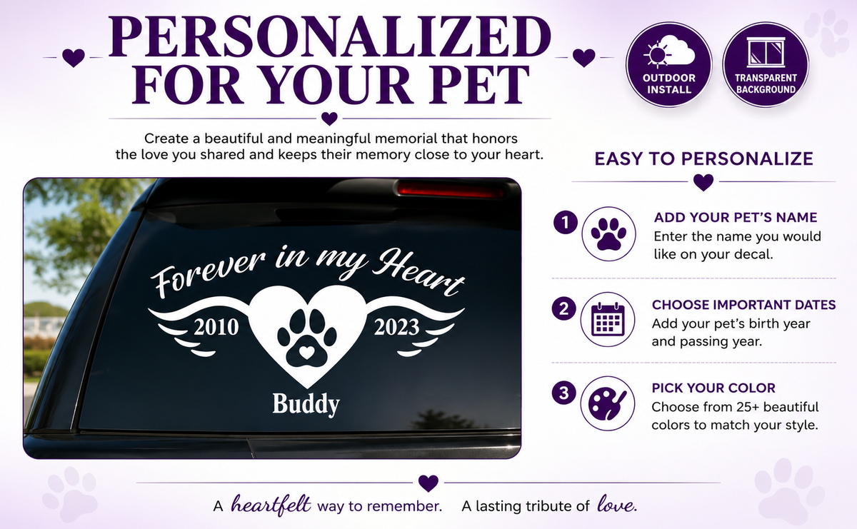 Personalized Pet Memorial Decal - Forever in My Heart Angel Wings Dog Paw Tribute Sticker - Random Little Finds