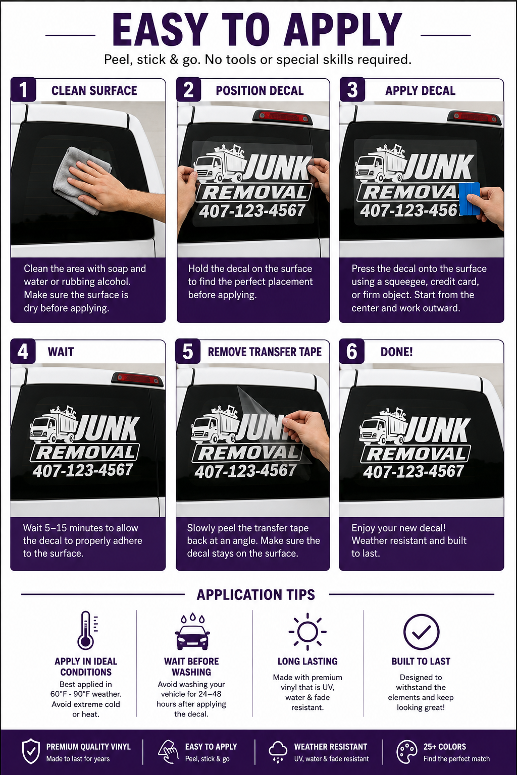 Custom Junk Removal Vehicle Decal with Phone Number | Business Truck Window Vinyl | Work Van Advertising Sticker | 25+ Colors
