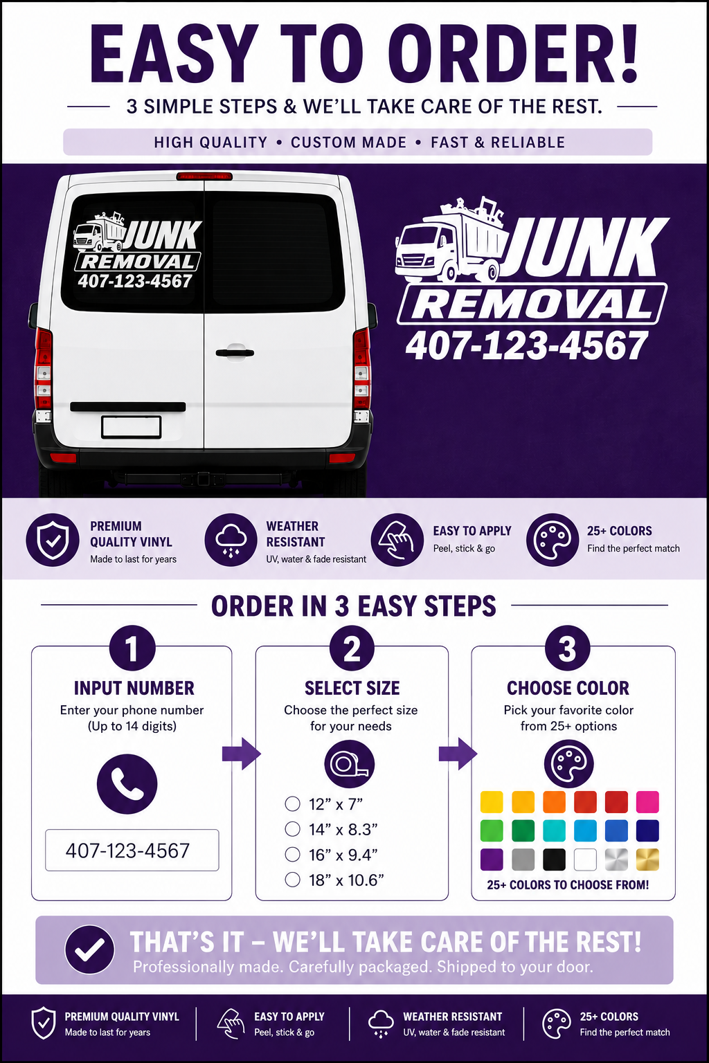 Custom Junk Removal Vehicle Decal with Phone Number | Business Truck Window Vinyl | Work Van Advertising Sticker | 25+ Colors