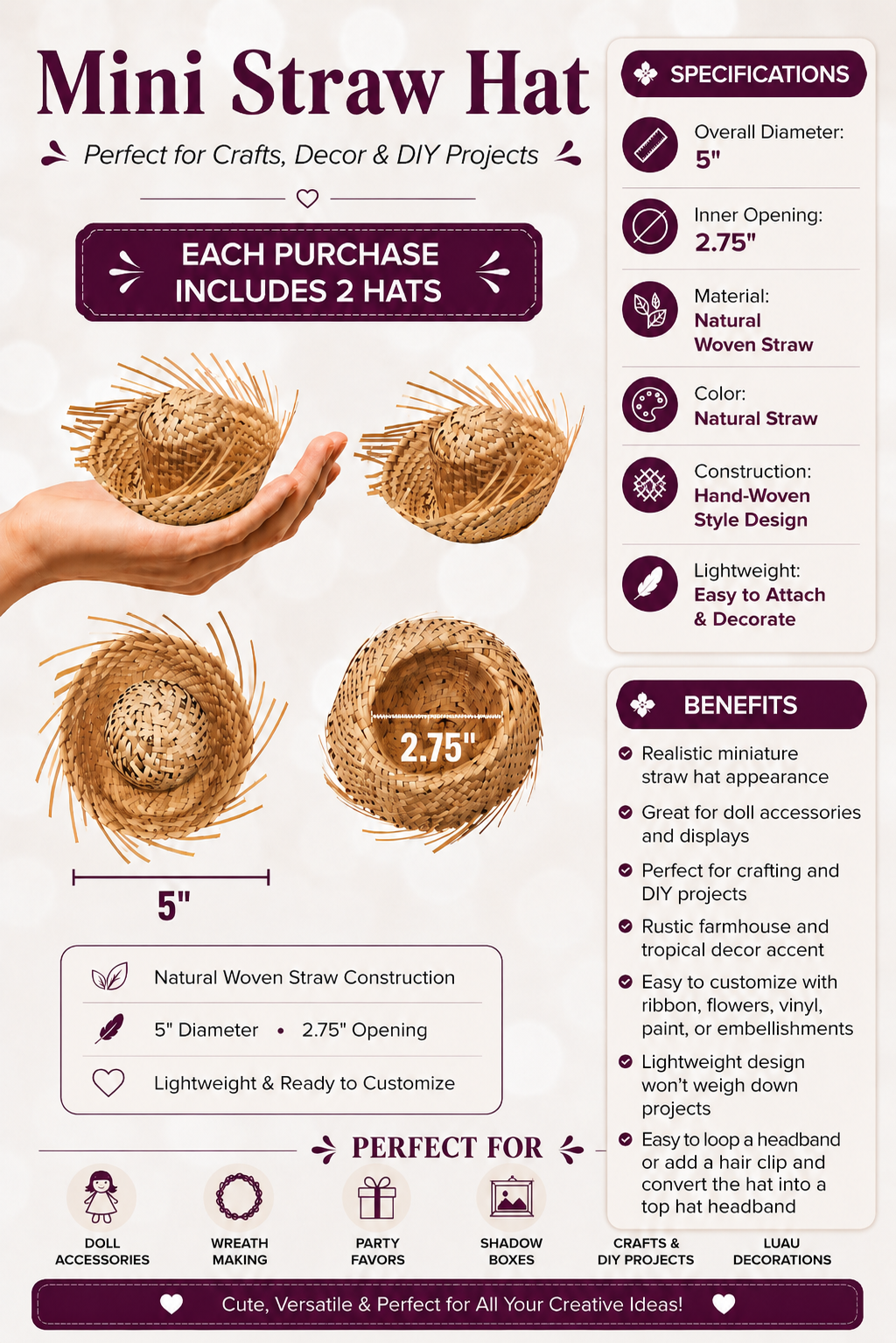 Mini Straw Hats, Natural Straw Woven, 5 Inch, Frayed Edge Design, 2 Pack - Random Little Finds