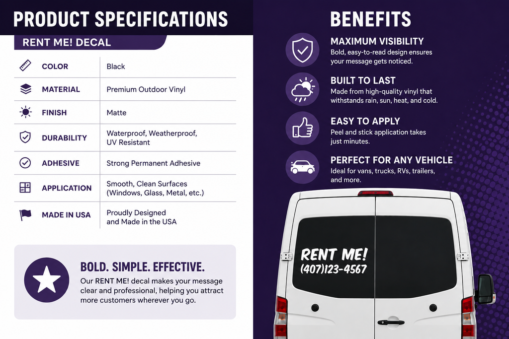 Custom RENT ME Vehicle Window Decal – Business Advertising Vinyl Sticker for Vans, Trucks, RVs & Trailers