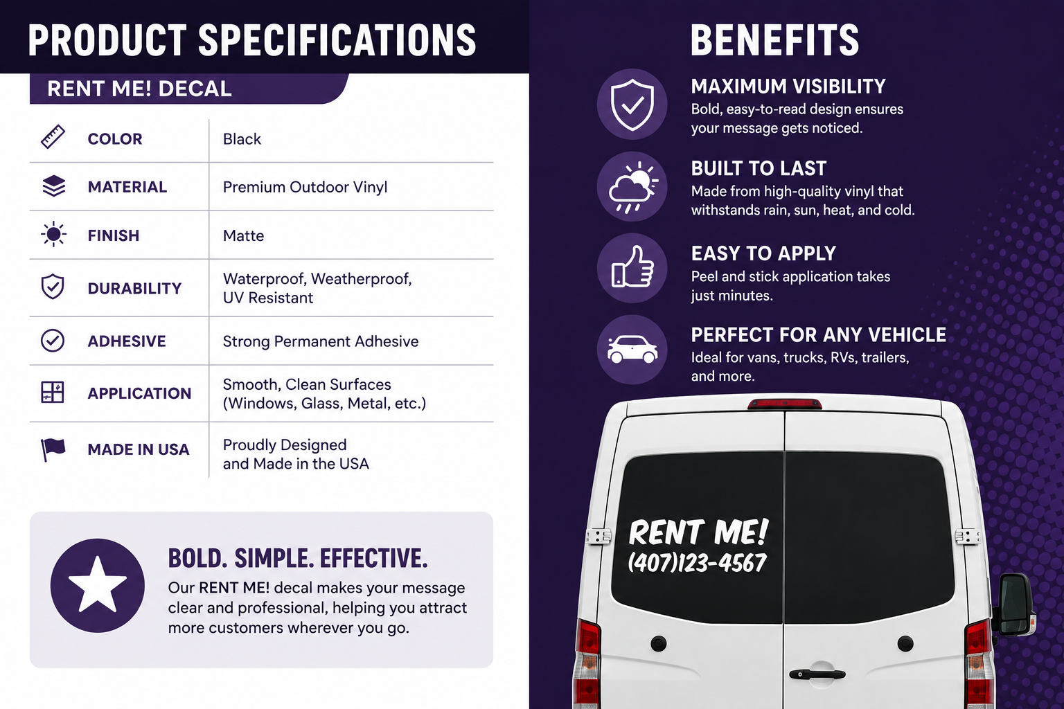 Custom RENT ME Vehicle Window Decal – Business Advertising Vinyl Sticker for Vans, Trucks, RVs & Trailers