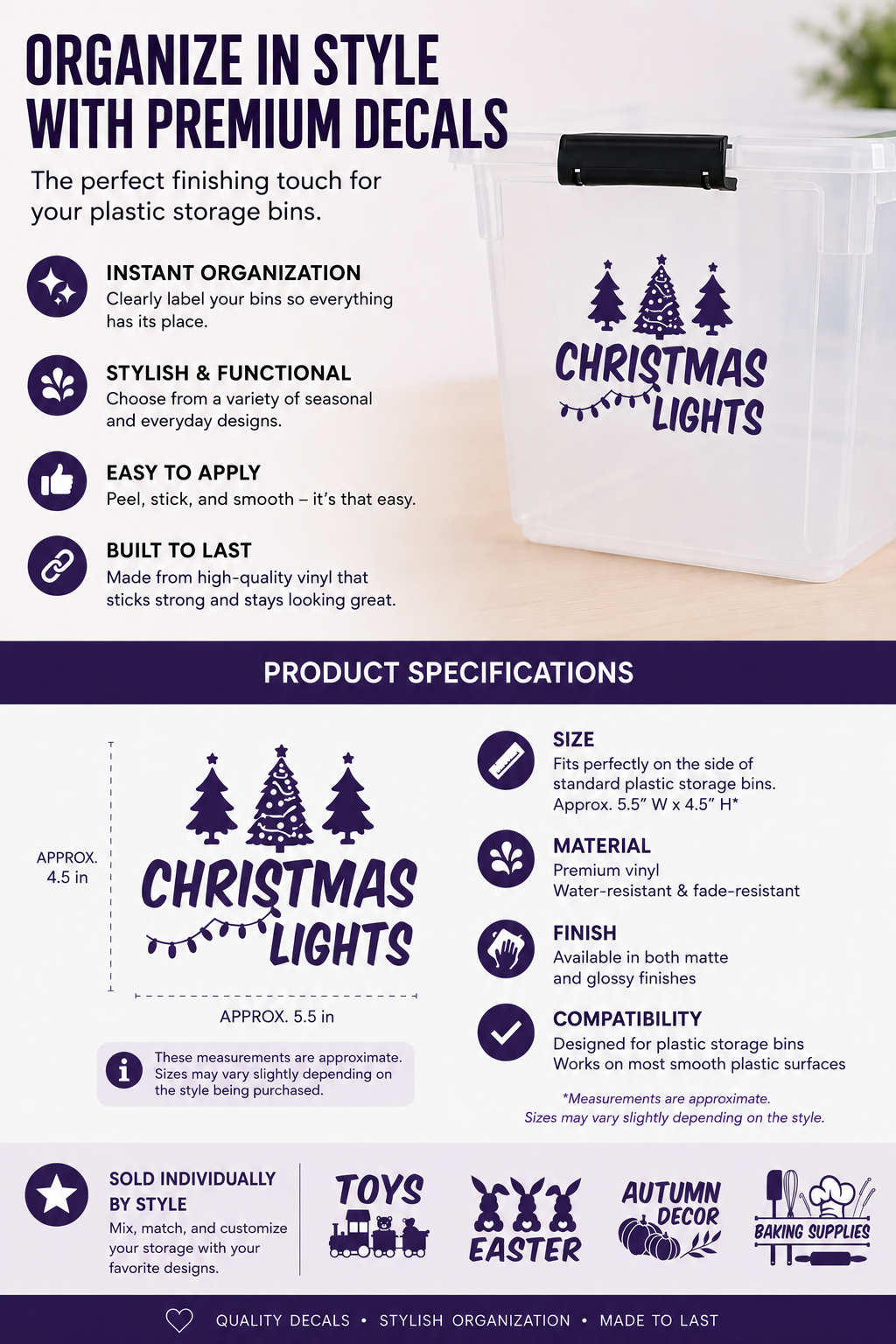 Seasonal & Storage Bin Label Vinyl Decals – Organization Labels for Plastic Storage Bins – Multiple Styles & Colors Available