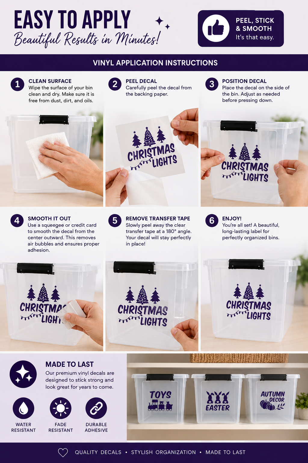 Seasonal & Storage Bin Label Vinyl Decals – Organization Labels for Plastic Storage Bins – Multiple Styles & Colors Available