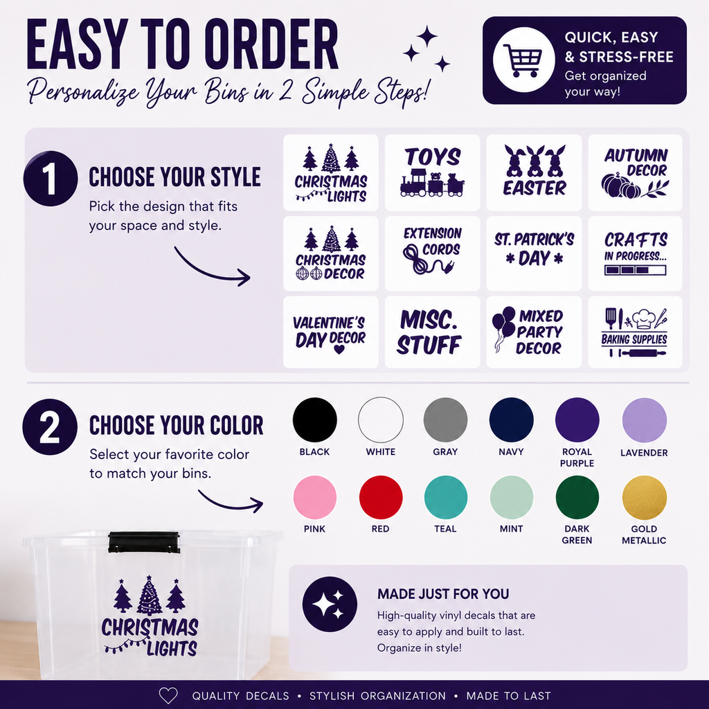 Seasonal & Storage Bin Label Vinyl Decals – Organization Labels for Plastic Storage Bins – Multiple Styles & Colors Available