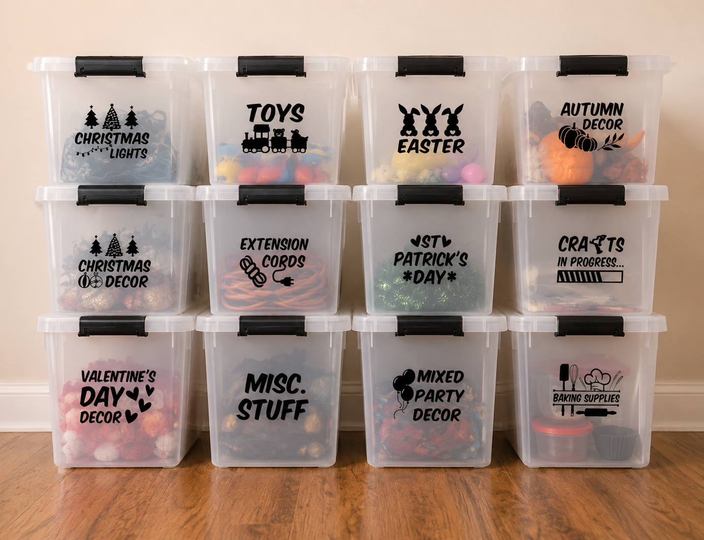 Clear storage bins with labels on a wooden floor