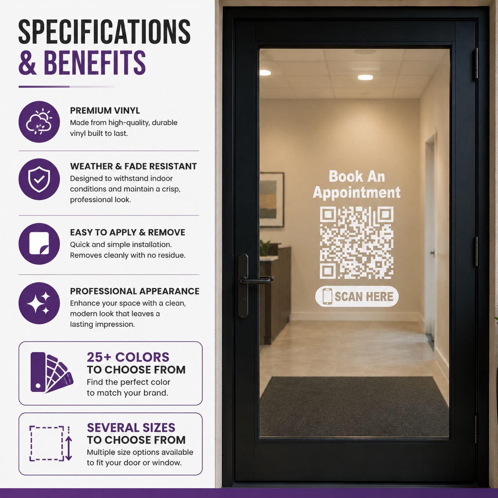 Custom QR Code Decal for Business Door or Window | Personalized Scan Here Vinyl Sticker