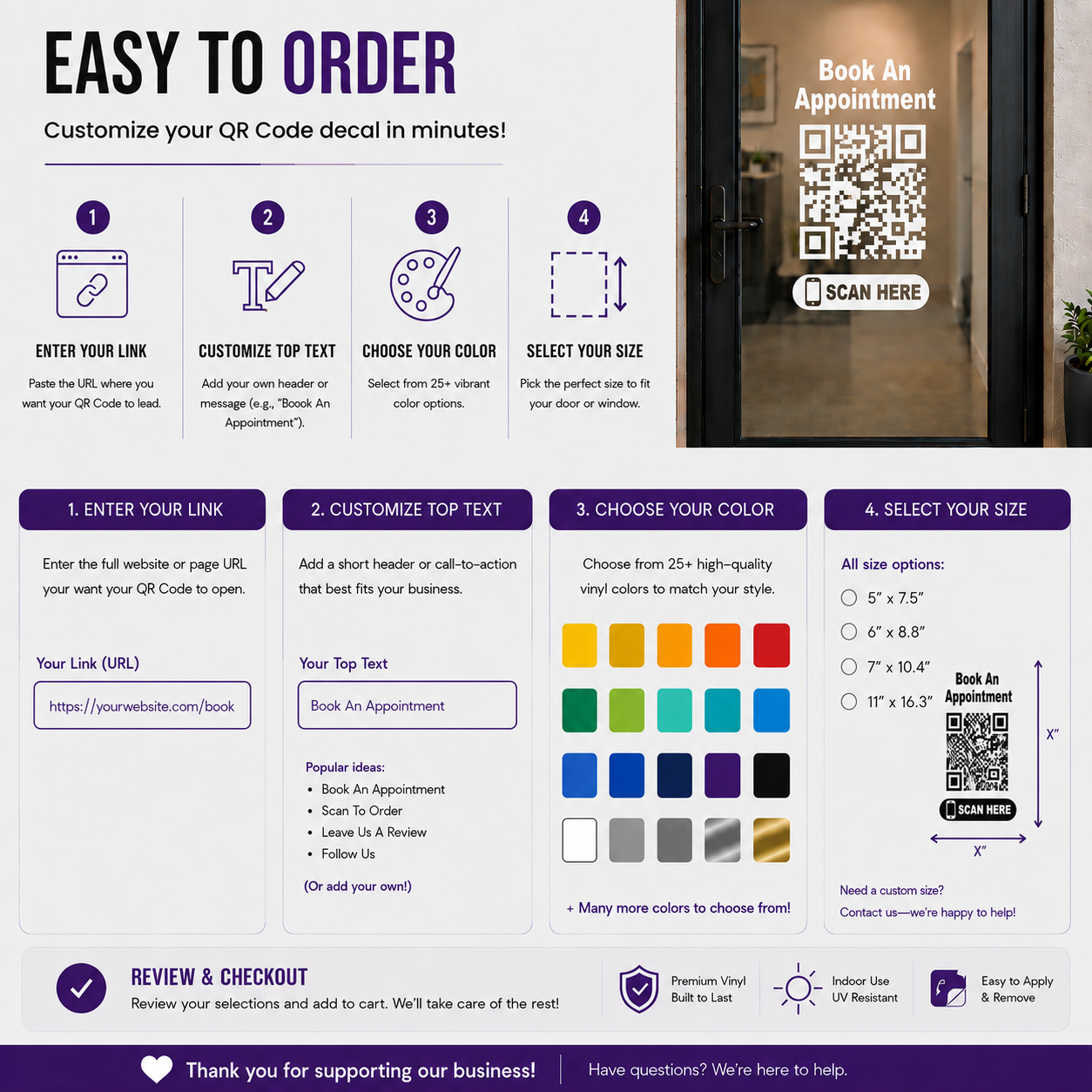 Custom QR Code Decal for Business Door or Window | Personalized Scan Here Vinyl Sticker
