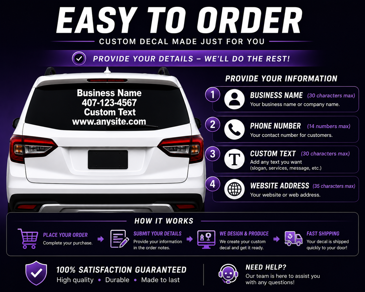 Custom Business Rear Window Decal | Personalized Vehicle Window Lettering | Custom Vinyl Business Advertising Sticker