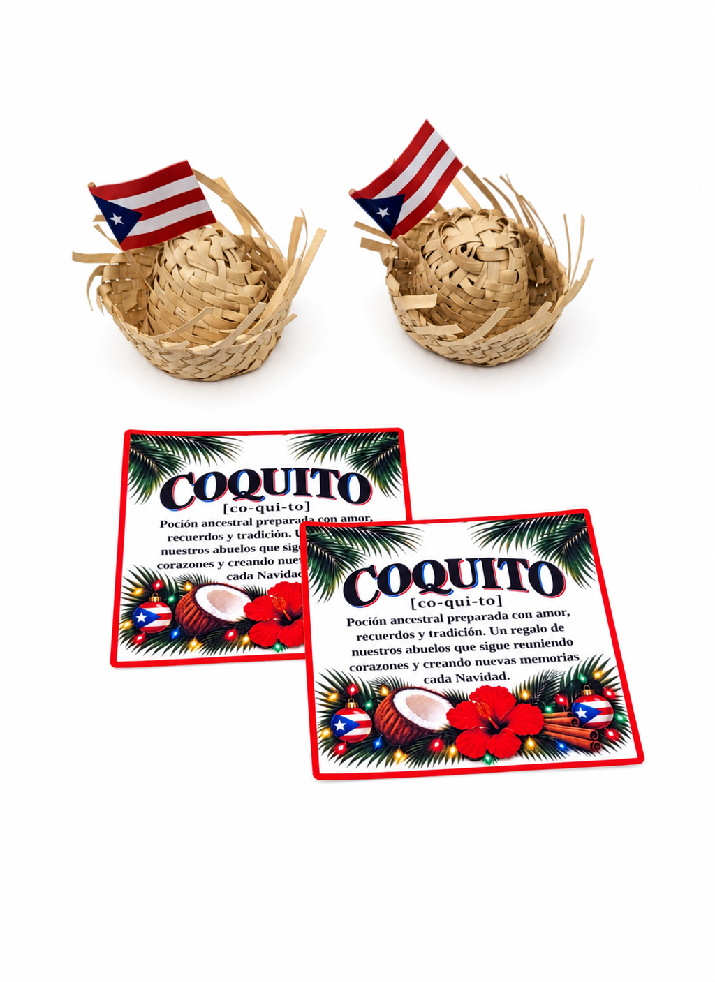 Coquito Bottle Decorating Kit, Puerto Rican Christmas Stickers, Mini Pavita Hats & Flags, Set for 2 Bottles