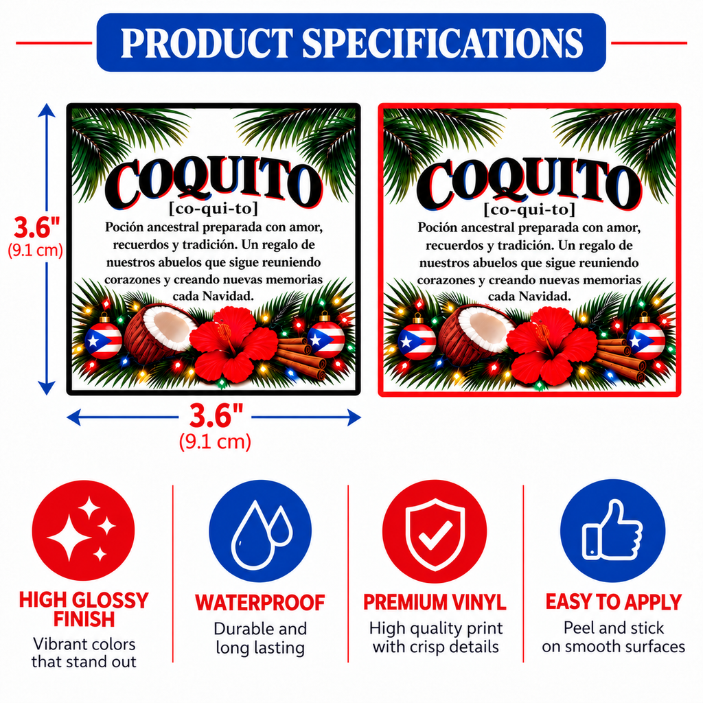 Coquito Bottle Decorating Kit, Puerto Rican Christmas Stickers, Mini Pavita Hats & Flags, Set for 2 Bottles