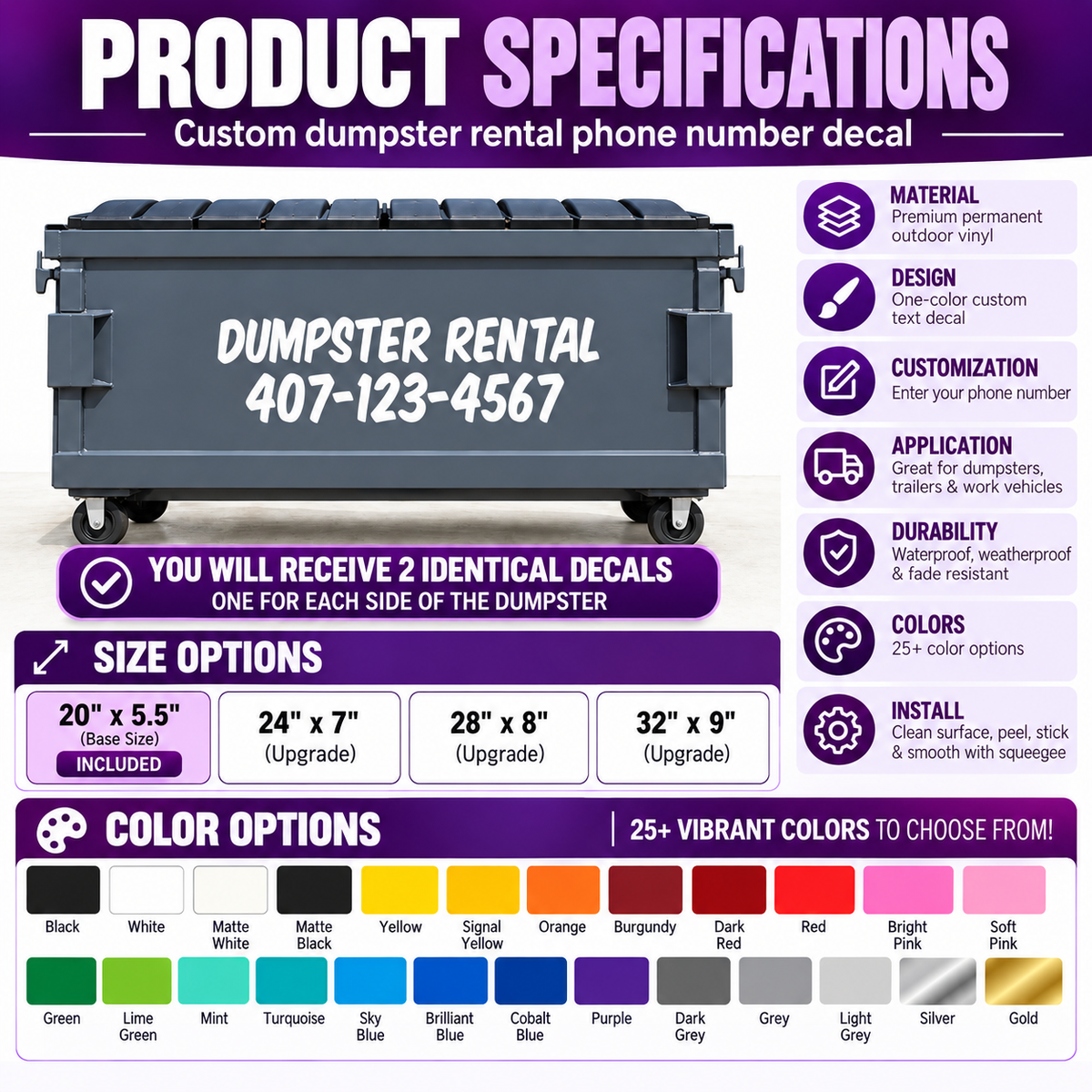 Dumpster Rental Decal Sticker with Custom Phone Number