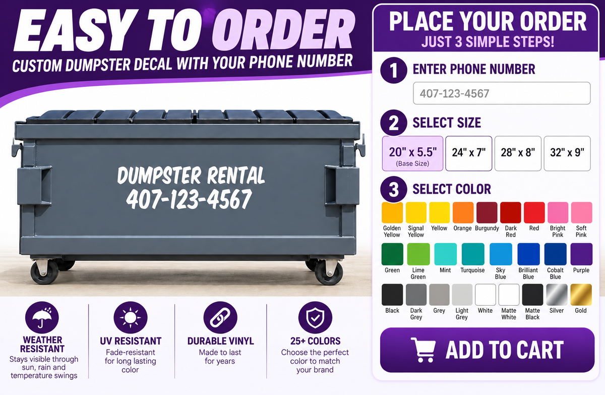 Dumpster Rental Decal Sticker with Custom Phone Number
