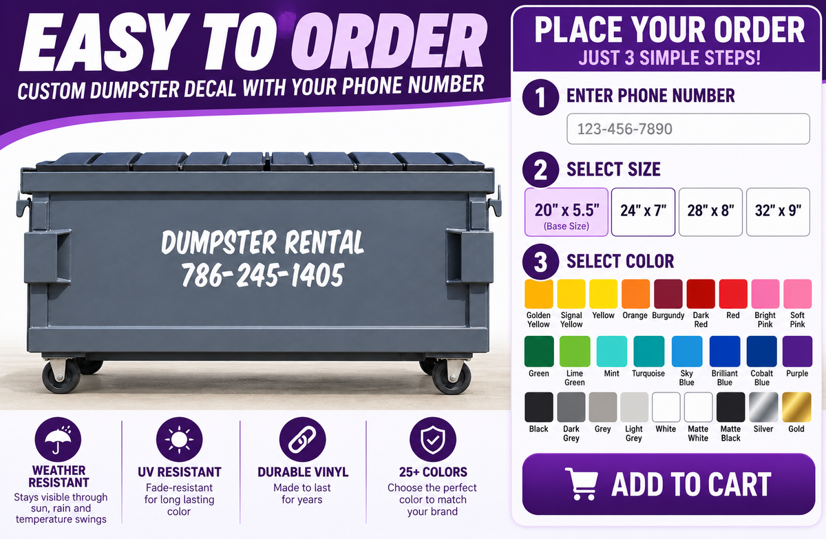 Dumpster Rental Decal Sticker with Custom Phone Number