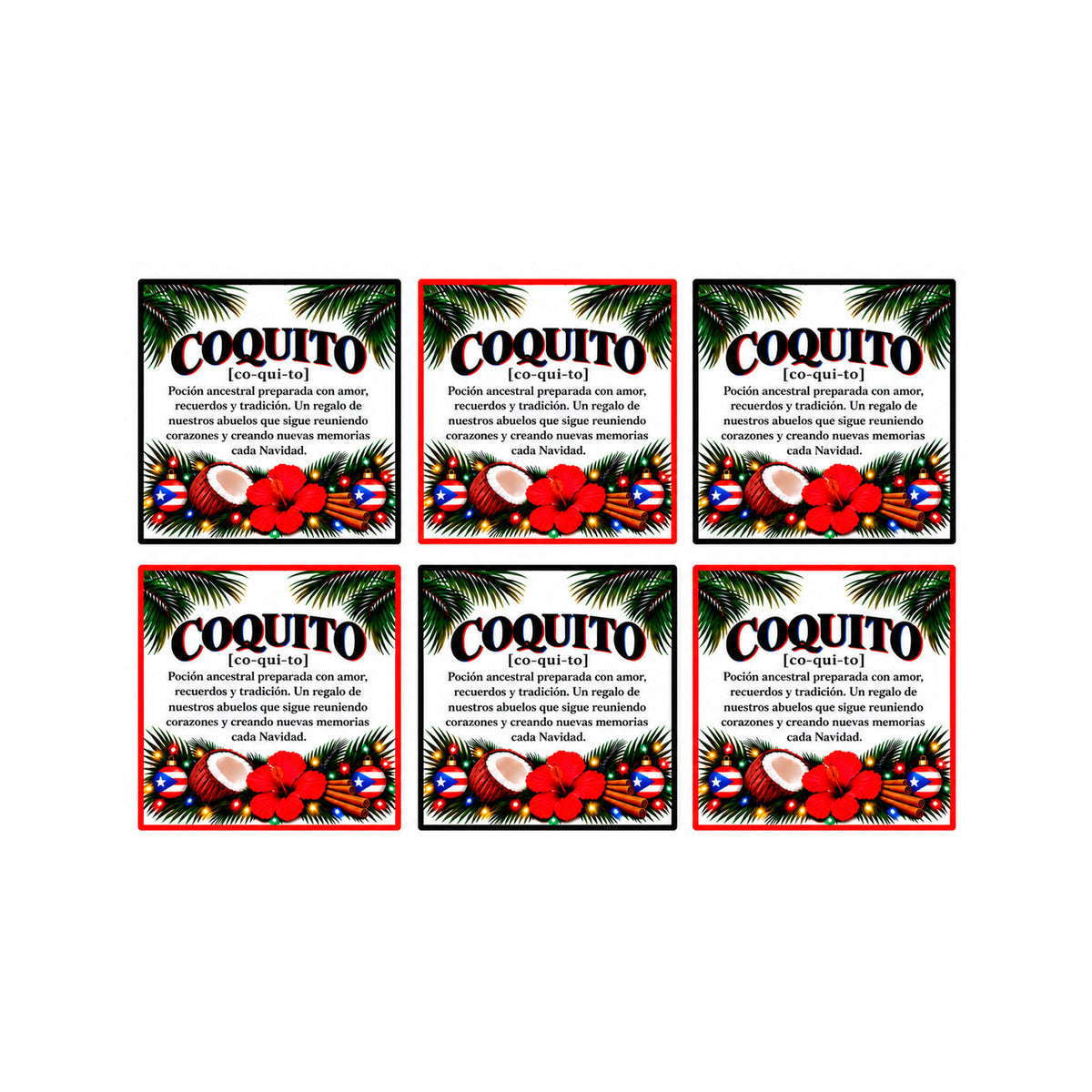 Coquito Bottle Stickers 6 Pack, Puerto Rican Christmas, 3.6 Inch