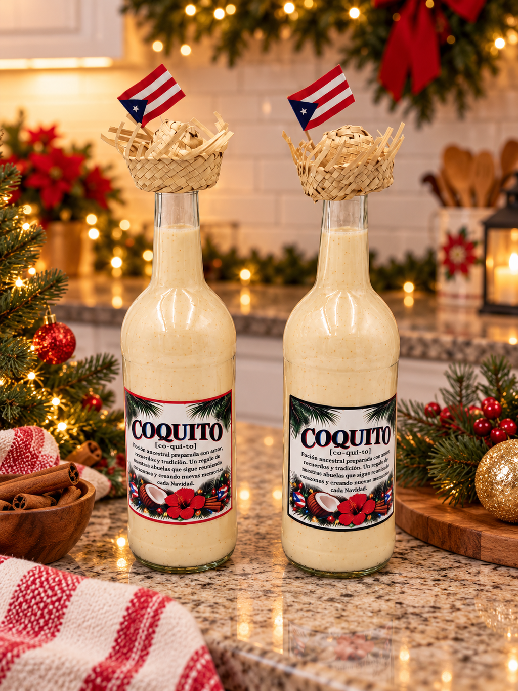 Coquito Bottle Decorating Kit, Puerto Rican Christmas Stickers, Mini Pavita Hats & Flags, Set for 2 Bottles