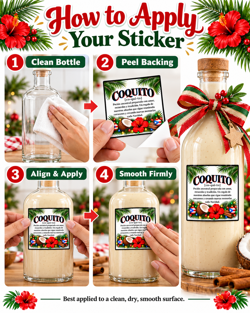 Coquito Bottle Decorating Kit, Puerto Rican Christmas Stickers, Mini Pavita Hats & Flags, Set for 2 Bottles