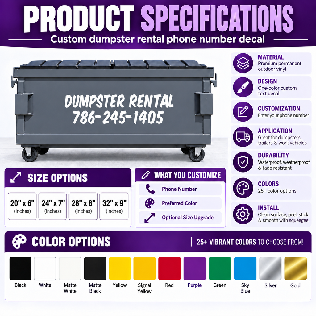Dumpster Rental Decal Sticker with Custom Phone Number