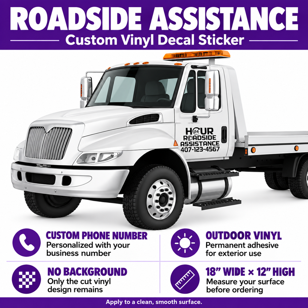 24 Hour Roadside Assistance Decal - Enhance Your Tow Truck's Visibility with Customizable Vinyl Sticker