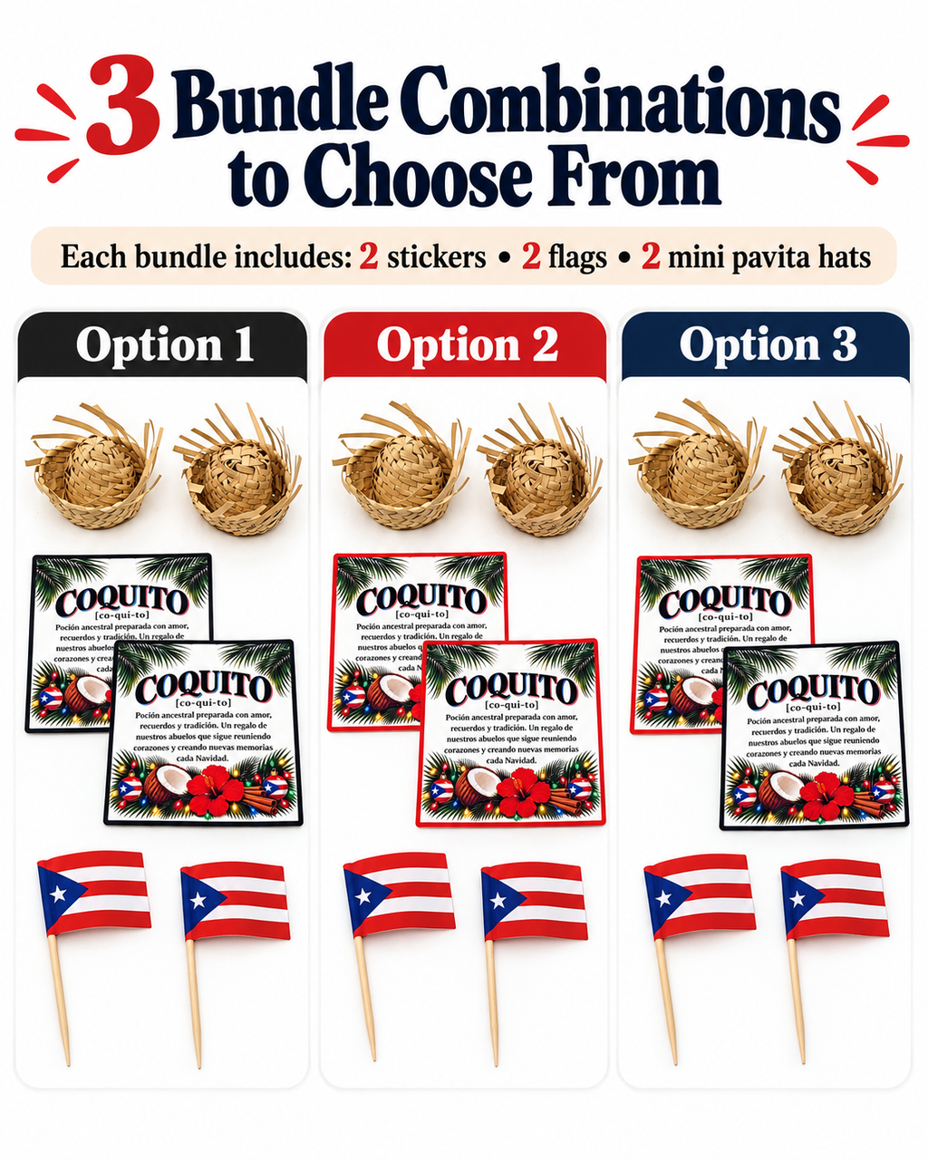 Coquito Bottle Decorating Kit, Puerto Rican Christmas Stickers, Mini Pavita Hats & Flags, Set for 2 Bottles