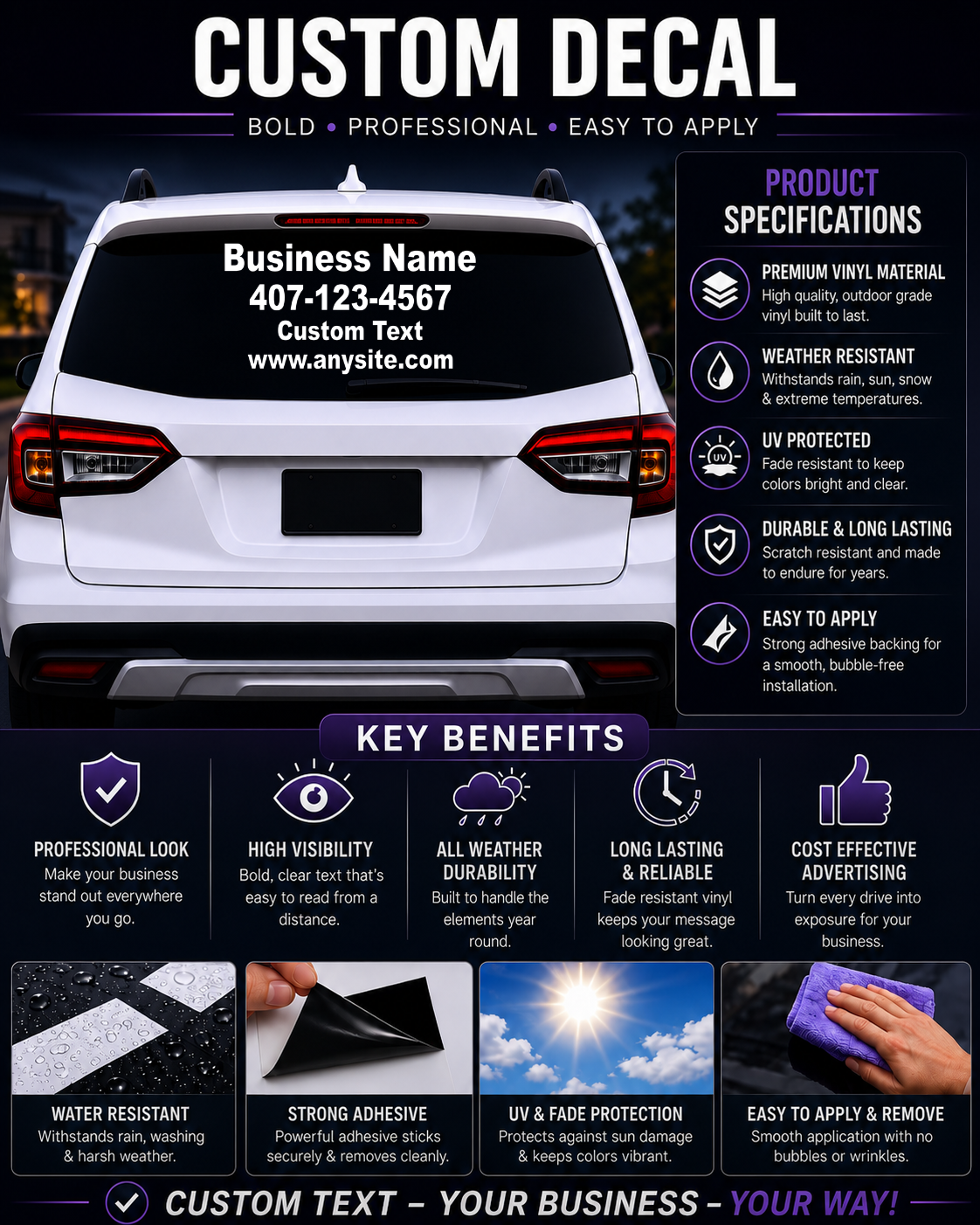 Custom Business Rear Window Decal | Personalized Vehicle Window Lettering | Custom Vinyl Business Advertising Sticker