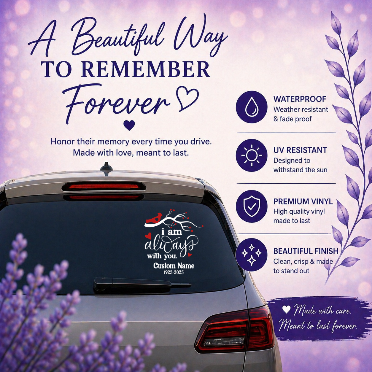 Car decal with butterfly design and text on a purple floral background