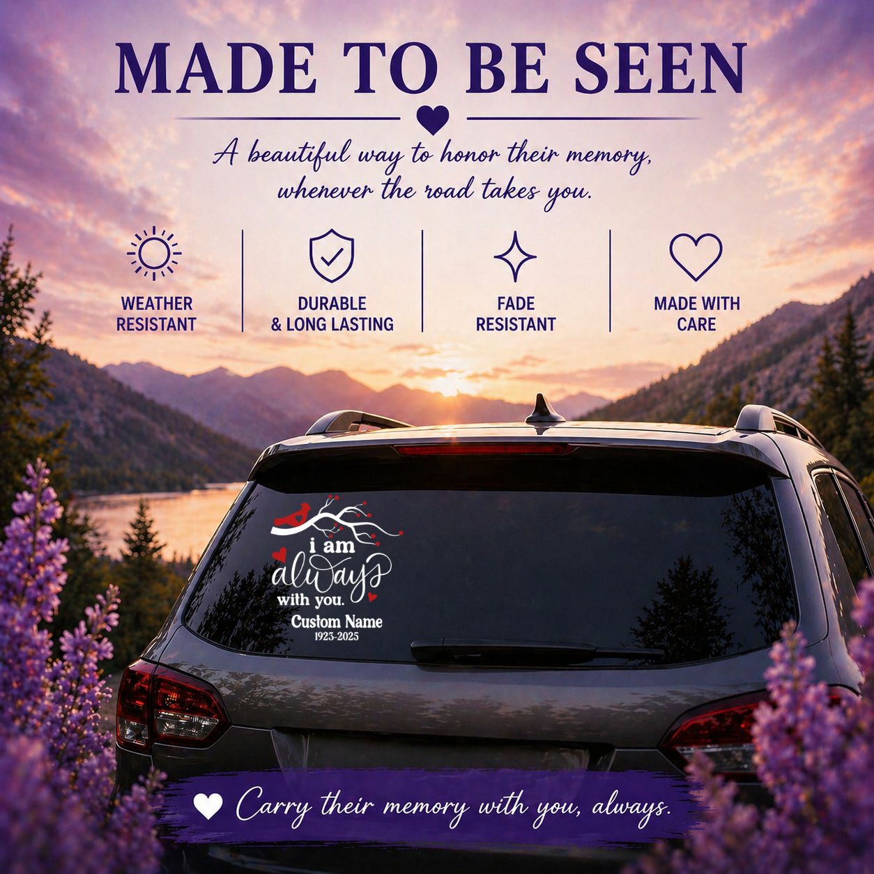 Car with a personalized decal in a scenic mountain setting with a purple overlay.