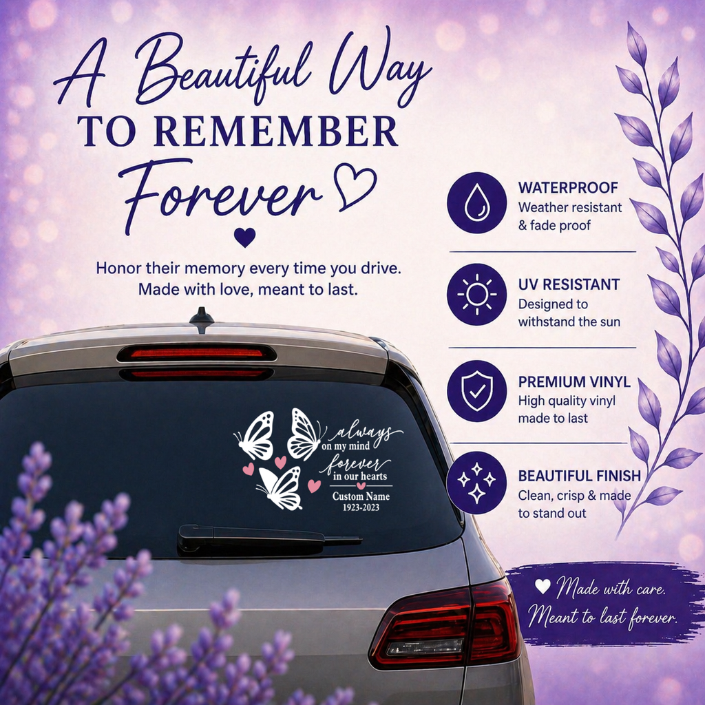 Personalized Memorial Car Window Decal – Custom Name & Dates Vinyl Sticker | Butterfly In Loving Memory Decal