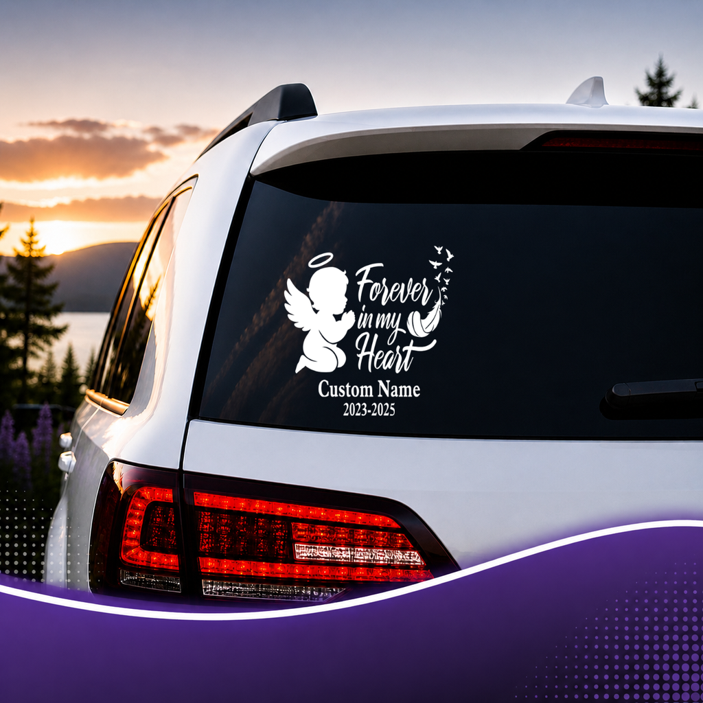 Random Little Finds Boy Angel Memorial Decal, Forever in My Heart Custom Name Vinyl Sticker, for Glass and Smooth Surfaces