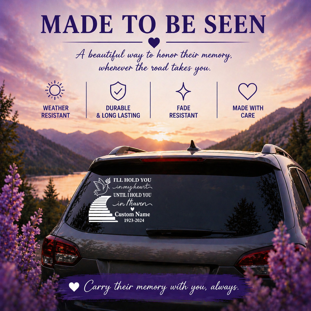 Memorial Car Decal, I'll Hold You in My Heart Until I Hold You in Heaven, Custom Name and Date, Vinyl Sticker with Dove and Stairs Design