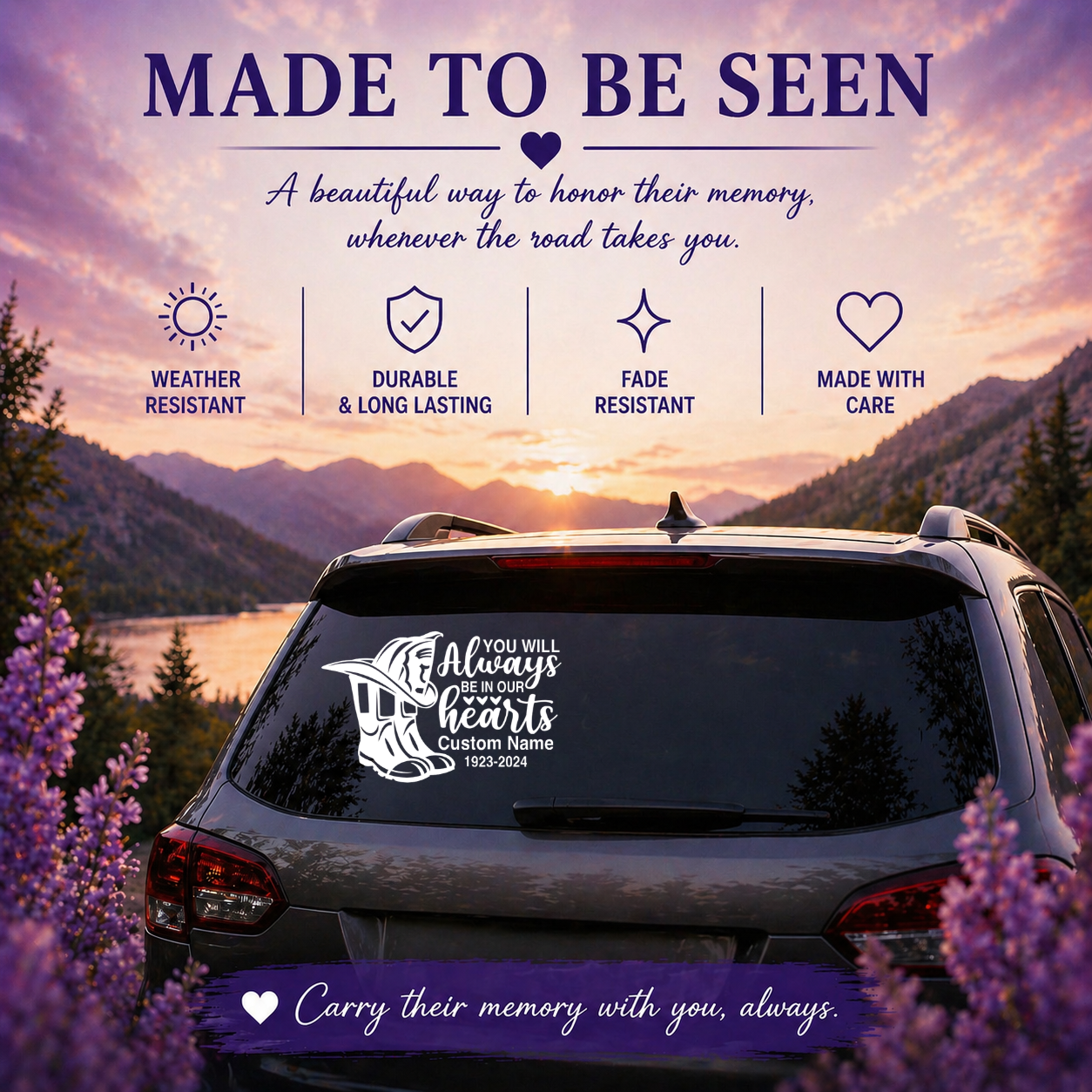 Personalized Memorial Car Decal – You Will Always Be In Our Hearts Vinyl Window Sticker – Custom Name & Dates