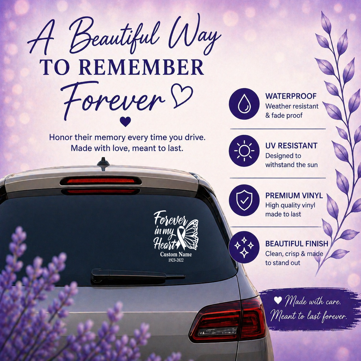 Forever in My Heart Cancer Awareness Butterfly Memorial Decal, Custom Name and Dates, Vinyl Car Window Sticker