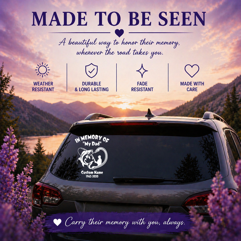 In Memory of My Dad Fishing Memorial Car Decal – Personalized Fisherman Tribute Vinyl Sticker with Custom Name & Dates