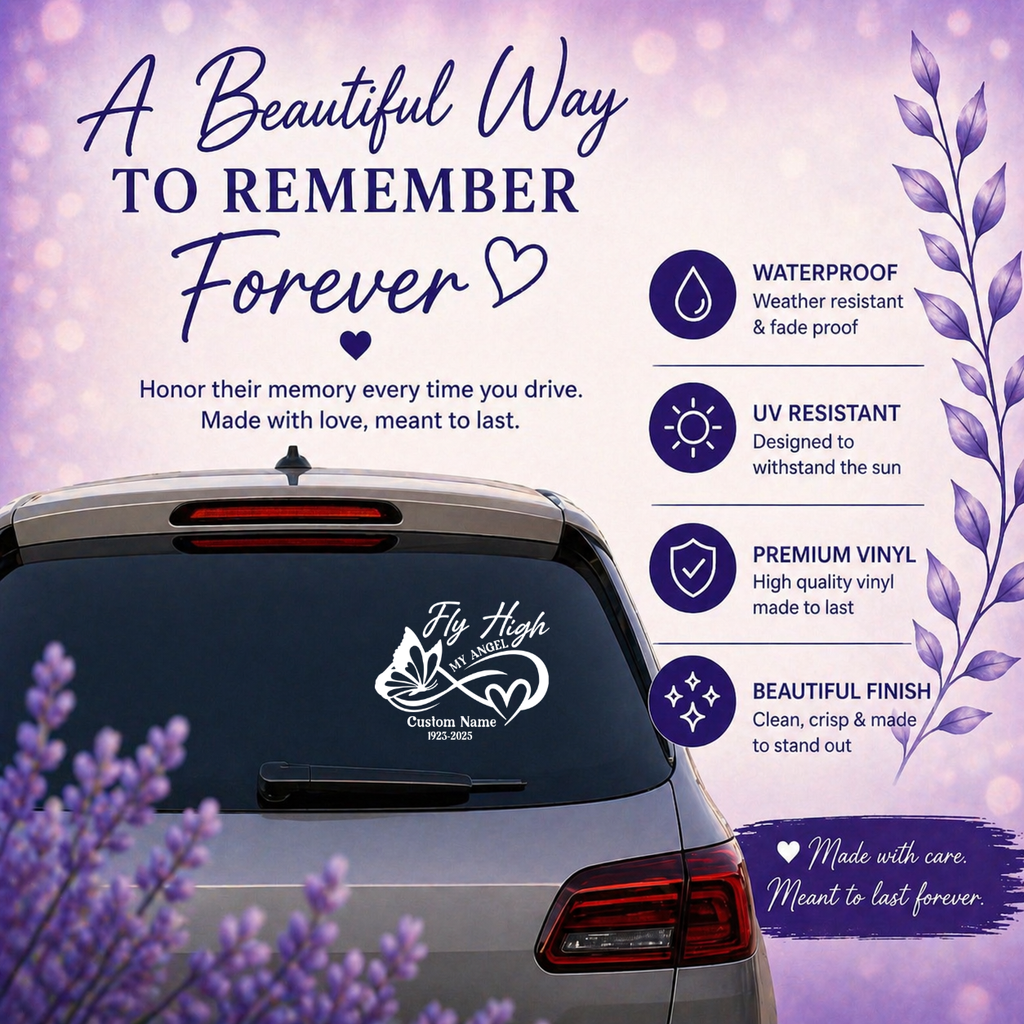 Fly High My Angel Memorial Car Decal – Personalized Butterfly Vinyl Window Sticker with Custom Name & Dates