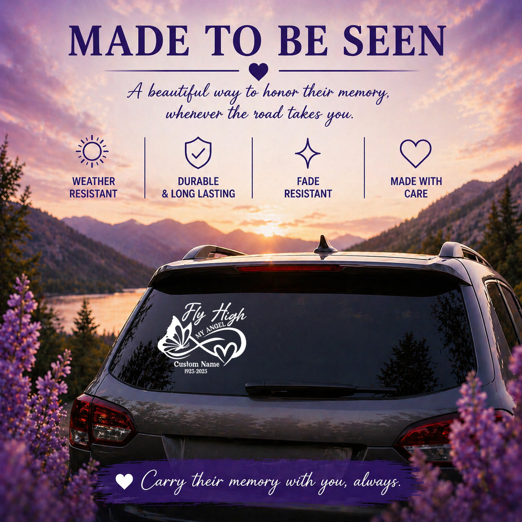 Fly High My Angel Memorial Car Decal – Personalized Butterfly Vinyl Window Sticker with Custom Name & Dates