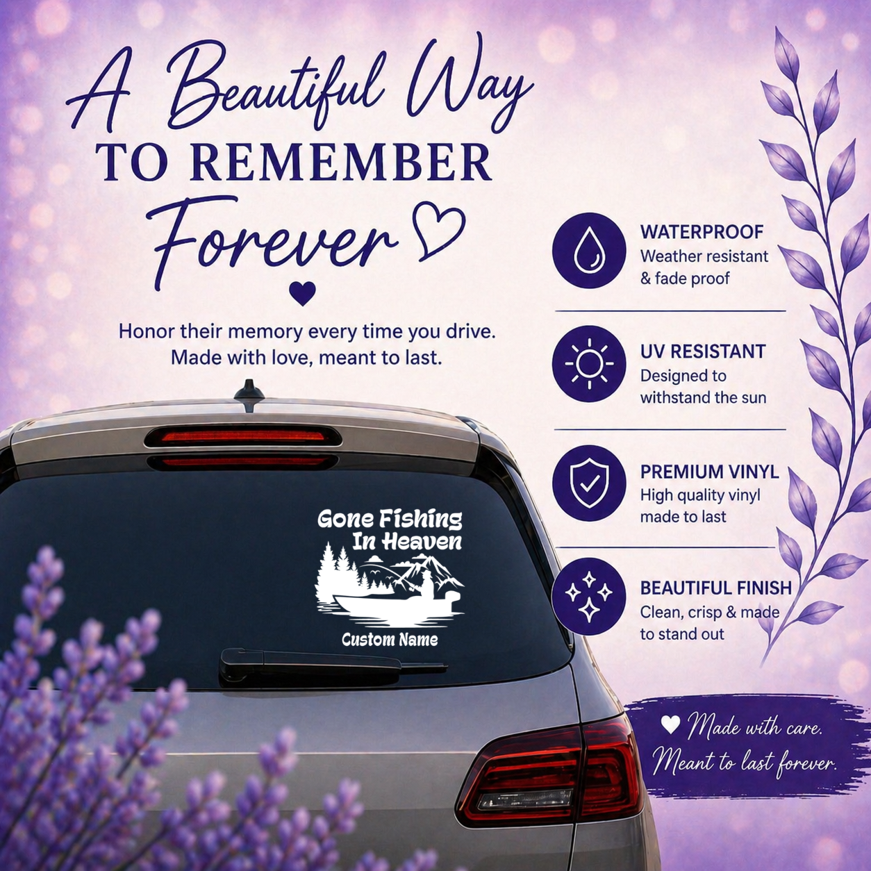Gone Fishing In Heaven Memorial Car Decal – Personalized Fishing Memorial Vinyl Sticker with Custom Name & Dates