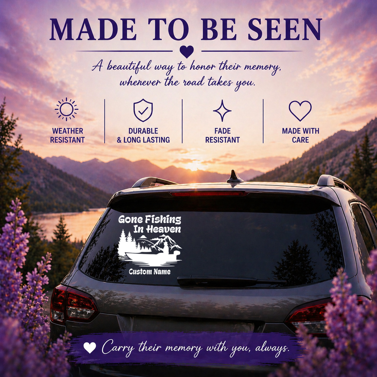 Gone Fishing In Heaven Memorial Car Decal – Personalized Fishing Memorial Vinyl Sticker with Custom Name & Dates