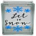 Glass block with 'Let It Snow' text and blue snowflakes on a white background