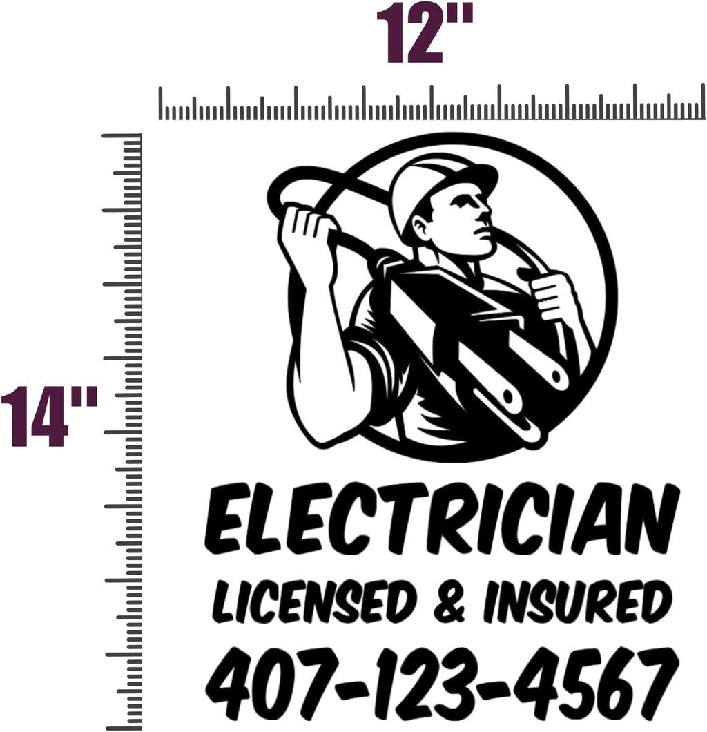 Electrician Licensed and Insured Custom Phone Number Vinyl Decal Sticker, 12x14 Inch, Vehicle Window Decal