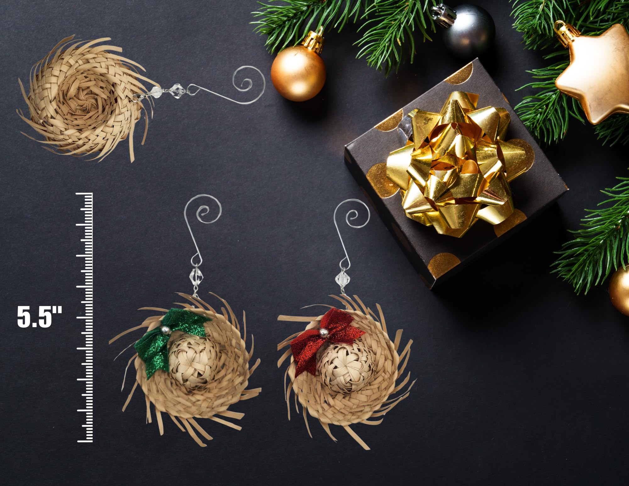Jibaro Christmas Ornament 3 PC Set PK of (2) Mini 2" Pava Straw Traditional Pavita Hats Puerto Rico & (1) Mini Coquito Bottle Christmas Tree Ornaments Party Favors Birthday Souvenirs Set