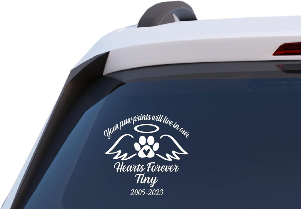 Personalized Pet Memorial Car Decal, Paw Prints in Our Hearts Forever, Custom Name and Date Vinyl Sticker
