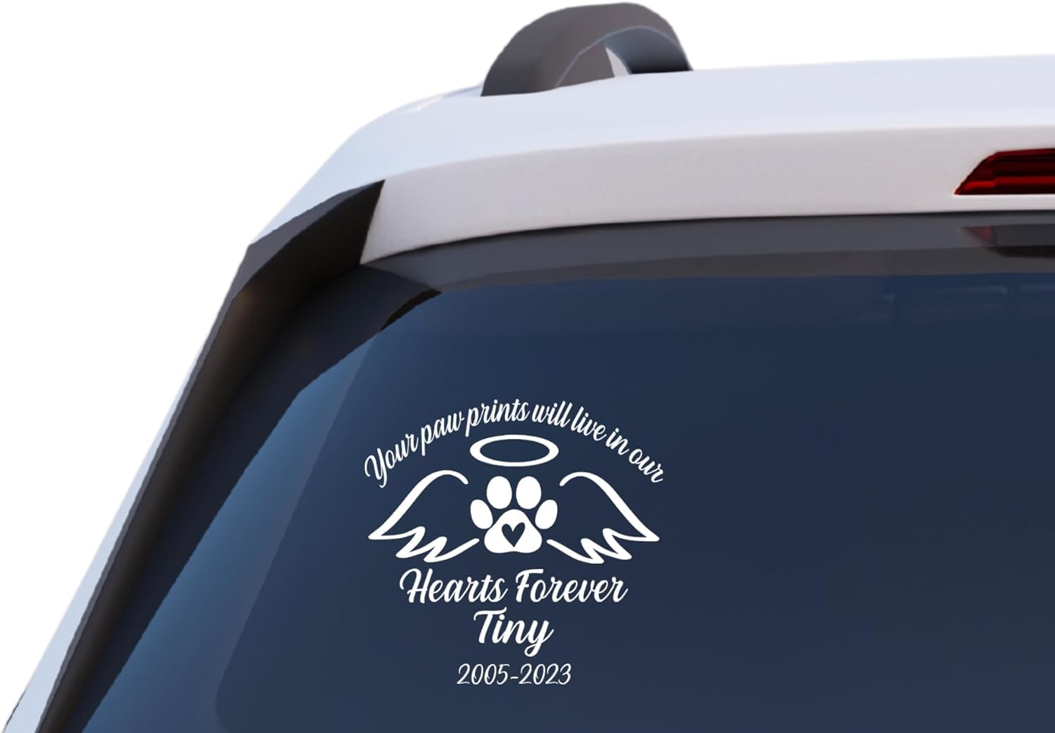 Personalized Pet Memorial Car Decal, Paw Prints in Our Hearts Forever, Custom Name and Date Vinyl Sticker