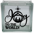 Glass block with 'Joy to the World!' design featuring a nativity scene on a white background