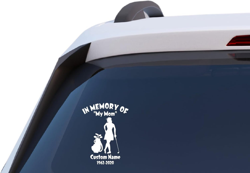 in Memory of Lady Golfer Memorial Decal, Custom Name and Dates, Vinyl Car Window Sticker